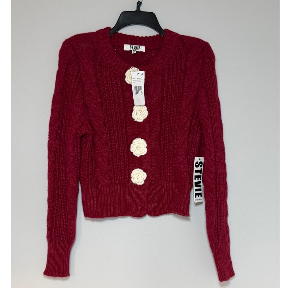 Stevie by Steve Madden Rumba Red Cable Knit Floral Cardigan NWT JRs Medium